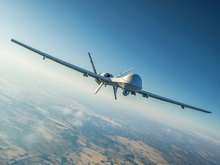 Military drone soars above the serene countryside, capturing every detail beneath a vast blue sky with a seamless horizon