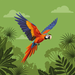 Obraz premium Colorful Macaw Flying Over Tropical Rainforest Illustration in Green Backdrop
