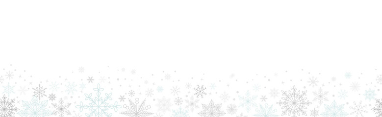 Abstract Christmas seamless border with blue and silver snowflakes and copy space for text. Winter snow. Overlay, banner, cover. vector hand drawn isolated on transparent background.