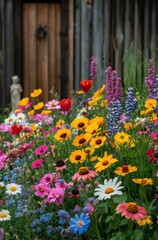 Vibrant Flower Garden with Colorful Blooms and Wooden Background Creating a Picturesque Outdoor Scene for Nature Lovers and Garden Enthusiasts