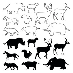 Animals silhouettes and line art vector icon set collection