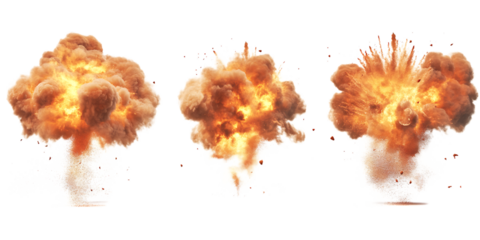 Pack Fiery Explosion Set in Different Poses Against Transparent Background for Action Scenes, Special Effects, or Fire Illustrations