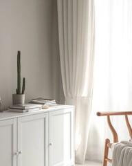 Minimalist living room with white cabinet, curtains, and cactus.