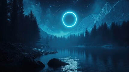 Fototapeta premium Enigmatic Nightscape: Luminescent Ring Over Serene Mountain Lake