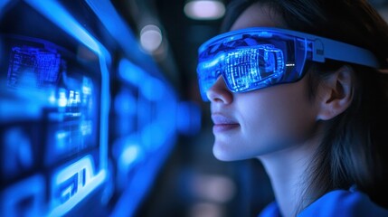 Woman wearing futuristic glasses views digital data streams. Illustrates technological advancements, data analysis, and future tech concepts.