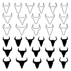 Cow or bull head black silhouette and line art icons isolated on a white background.