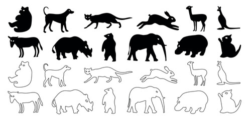 Fototapeta premium Animals silhouettes and line art vector icon set collection