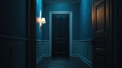 Dimly lit hallway with open door and light