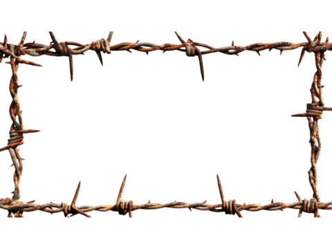 A rusted barbed wire border framing a transparent background space