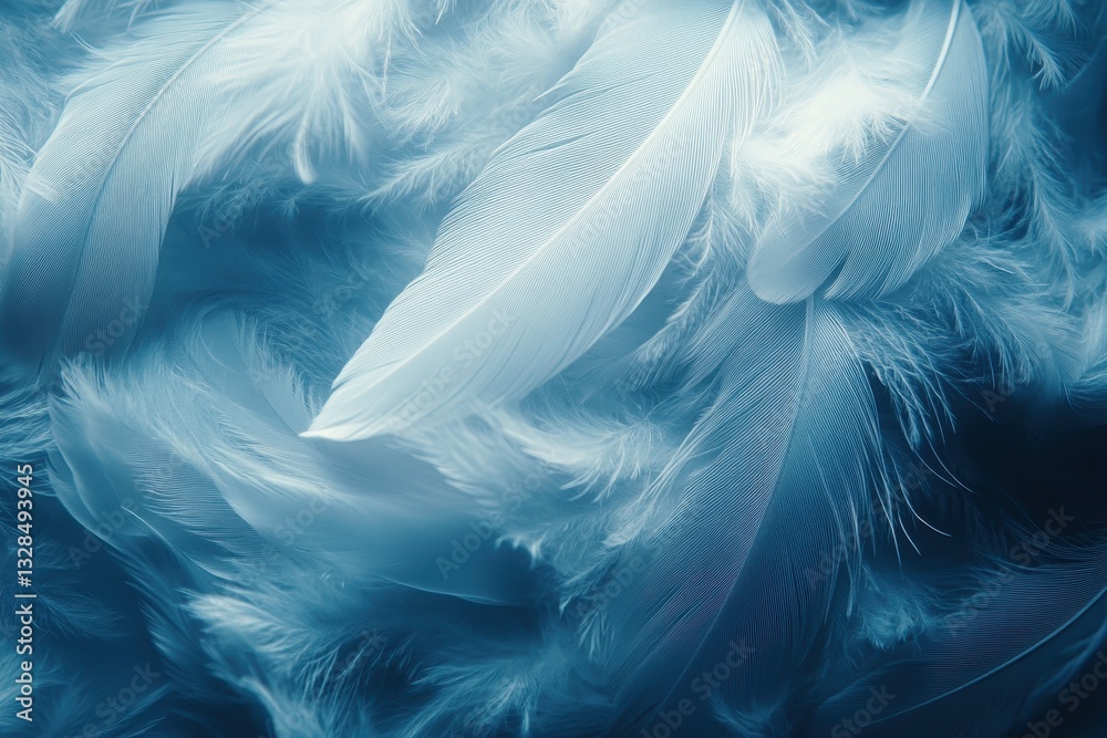 Poster soft white feathers float gently in blue light creating a serene and calming atmosphere in a tranqui