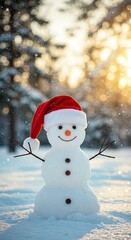 Obraz premium Cheerful snowman in red santa hat with sunlit winter background