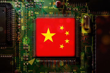 China flag on a CPU processor. GPU microchip on a motherboard. Chip manufacturer