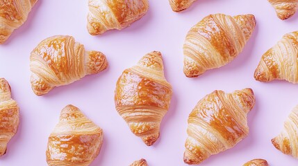 Freshly baked croissants on a pale lavender background, great for bakery promotions or brunch menus that highlight light and flaky pastries.