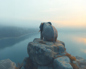 Elephant gazing at the calm waters during sunrise in a misty landscape