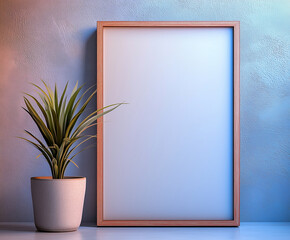 Elegant minimalist interior featuring a blank framed canvas and a potted plant by a textured wall in soft lighting