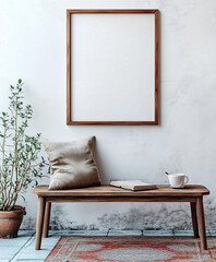 Empty wall frame with cozy seating and decor in a bright indoor space