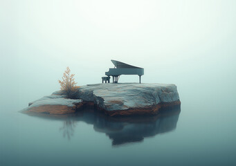 Grand piano sits alone on a tranquil rock in a foggy lake during early morning hours