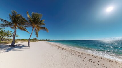 Obraz premium Serene Tropical Beach Paradise: Two Palm Trees on Pristine White Sand