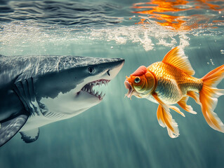 Encounter between a shark and a goldfish in a serene underwater environment during daylight hours