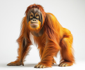 Unique depiction of an orange furred primate in a neutral backdrop showcasing its distinguished features and stance