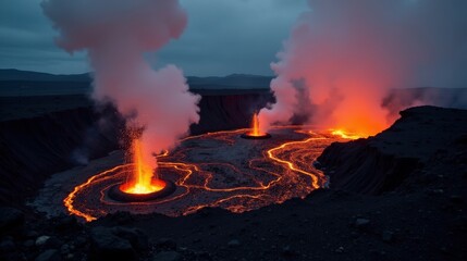 A rugged volcanic terrain with steaming vents and glowing lava flows, set against a darkened sky, depicting the dynamic power of earth&rsquo;s natural processes.