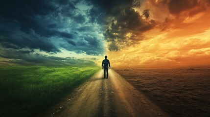 Man at a fork in the road, one side lush and green, the other barren, under dramatic skies