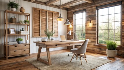 Fototapeta premium Cozy Rustic Home Office with Natural Light and Wooden Decor