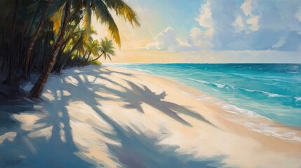 Fototapeta premium Serene Tropical Beachscape at Sunset: Palm Trees Casting Long Shadows on Pristine White Sand