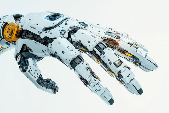 Tangan robot futuristik, menampilkan teknologi canggih. Tangan robotik ini melambangkan inovasi dalam robotika masa depan, menekankan perpaduan teknologi dan desain dalam robotika modern.