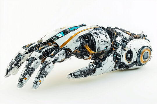 Tangan robot futuristik, menampilkan teknologi canggih. Tangan robotik ini melambangkan inovasi dalam robotika masa depan, menekankan perpaduan teknologi dan desain dalam robotika modern.