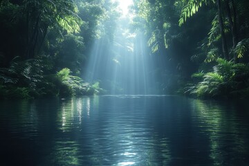 Obraz premium Misty rainforest with sunlight streaming through trees and calm water reflecting nature's beauty during the day