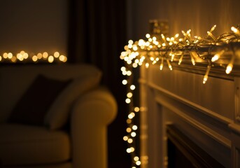 Obraz premium Cozy living room with soft glowing string lights on fireplace mantel