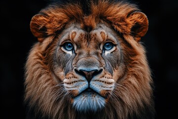 Fototapeta premium Majestic lion gazes with intense blue eyes against a dark background in a captivating wildlife moment