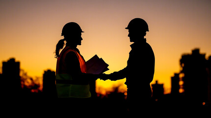 Obraz premium Silhouette of two construction workers