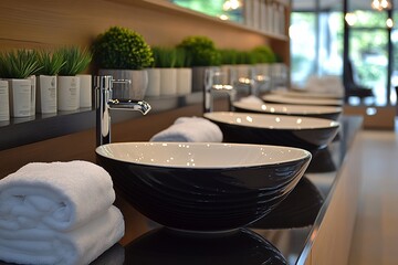 Fototapeta premium Modern bathroom design with elegant sinks and neatly arranged towels in a stylish interior space