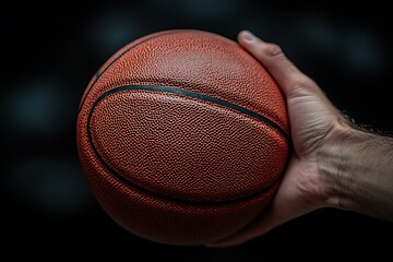 Close-up of a Man's Hand Holding a Basketball Against a Dark Background