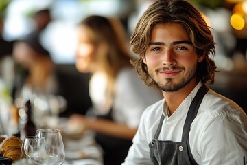 Obraz premium Young male chef smiles warmly while working in a busy restaurant dining area with guests