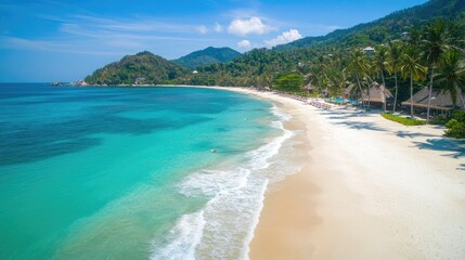 Obraz premium Tropical Beach Paradise: White Sand, Turquoise Waters, and Lush Greenery