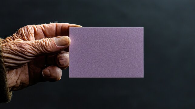 Old hand holding a blank purple card, isolated, clear background