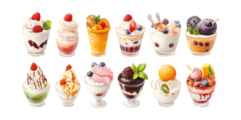 Pack Gelato Set in Different Poses Against Transparent Background for Dessert Branding, Ice Cream Parlors, or Food Illustrations
