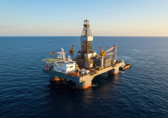 Fototapeta premium Offshore oil rig platform at sea during golden sunset with helicopter pad and support vessels