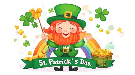 Fototapeta premium A cheerful cartoon leprechaun with red hair and a green hat on a white background. St. Patrick's Day