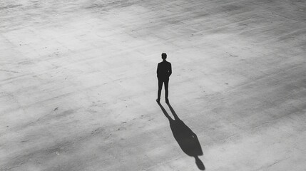 Solitary figure standing in a vast, empty space, casting a long shadow