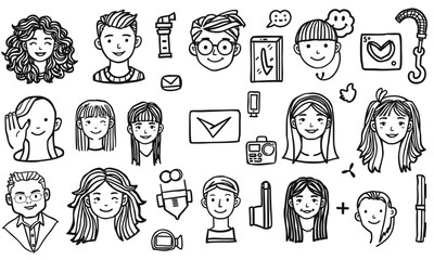 Doodles of diverse characters and objects representing communication, creativity, and social interaction. playful illustrations evoke sense of fun and connection