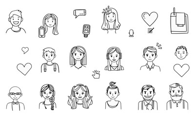 collection of doodle style illustrations depicting various people and communication symbols, showcasing emotions and interactions in fun, creative way