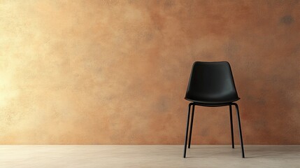 Stylish black chair set against a textured brown wall, showcasing minimalistic design and natural light, ideal for modern interiors.