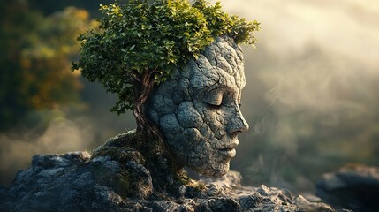 Surreal head with a tree growing from it, symbolizing thought, nature, and creativity