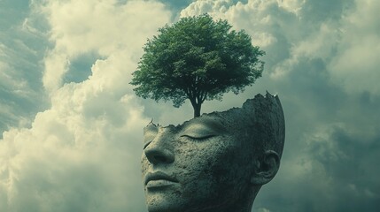 Surreal head with a tree growing from it, symbolizing thought, nature, and creativity