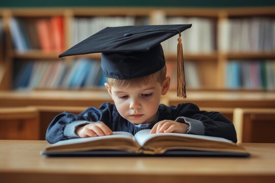 kid with graduation hat reading a book - Powered by Adobe