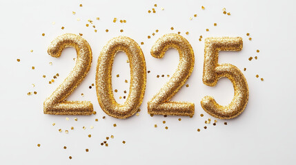 Celebrate New Year with sparkling golden numbers 2025, surrounded by festive confetti. Perfect for party invitations and celebrations
